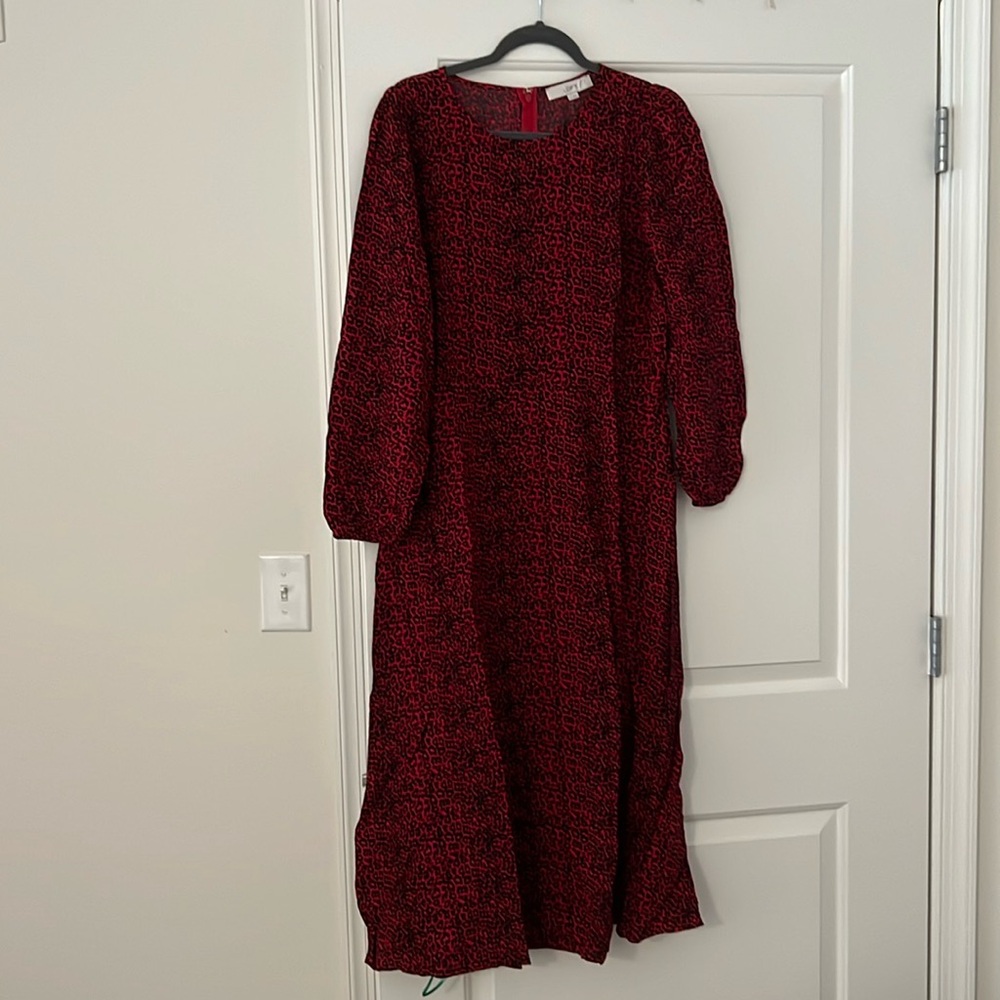 Loft-NWT-Red and black animal print slit midi dress-size 12